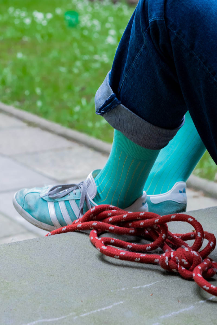 Classic aquamarine suit socks with yellow elastane