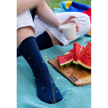 Navy blue socks with colorful dots