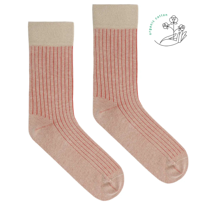 Beige organic cotton suit socks with red elastane