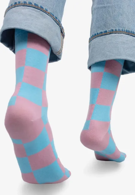 Pink and sky blue checker socks