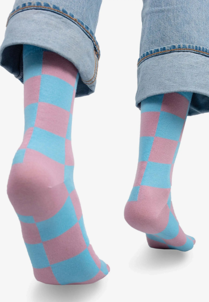 Pink and sky blue checker socks