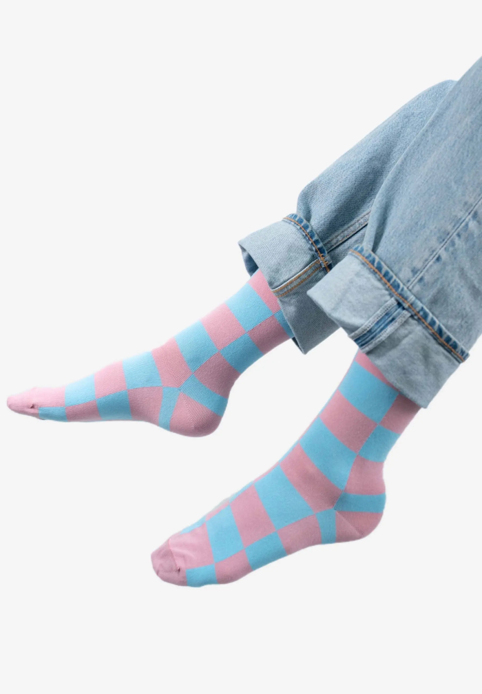 Pink and sky blue checker socks