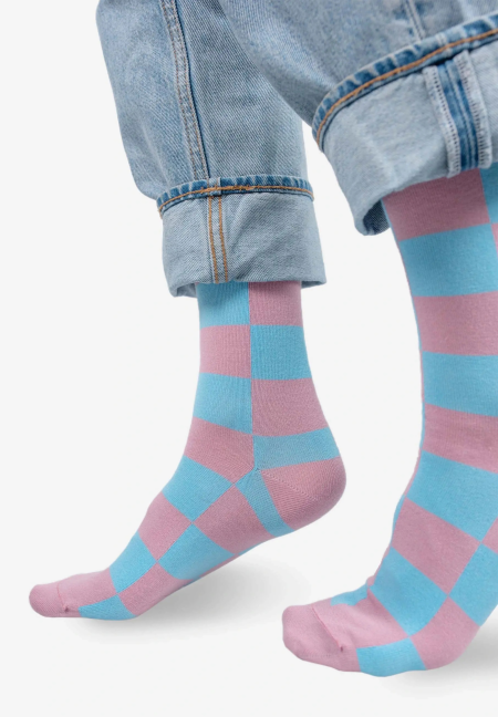 Pink and sky blue checker socks