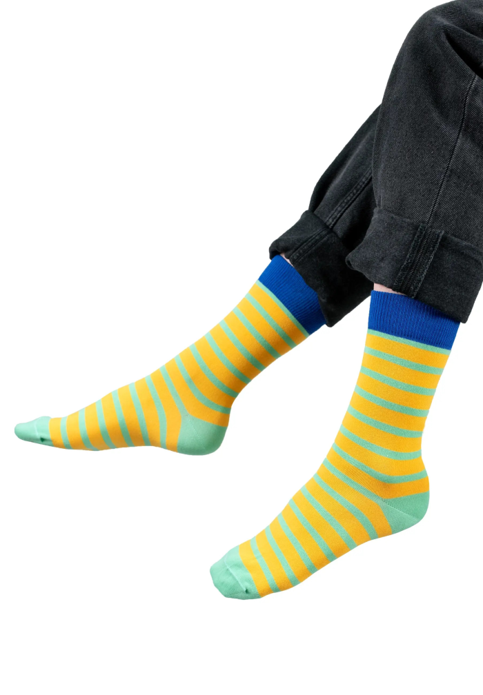 Lemon socks with pale mint stripes