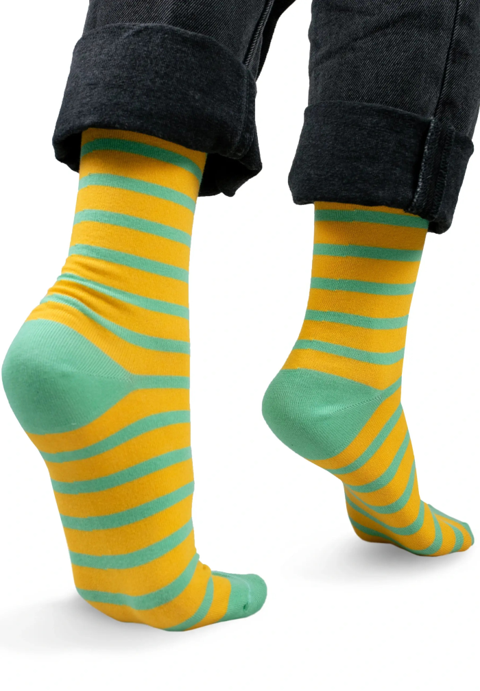 Lemon socks with pale mint stripes