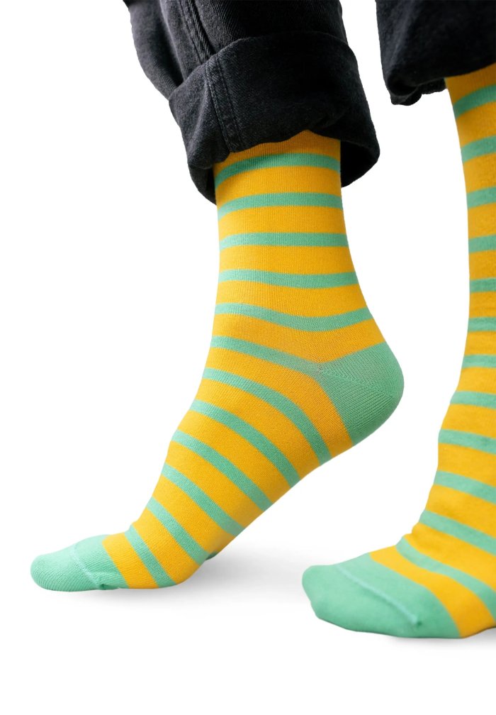 Lemon socks with pale mint stripes