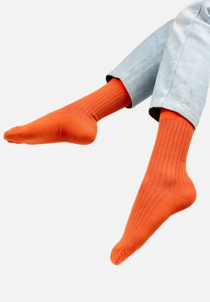 Orange organic cotton suit socks with purple elastane