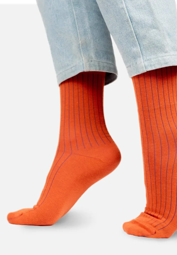 Orange organic cotton suit socks with purple elastane