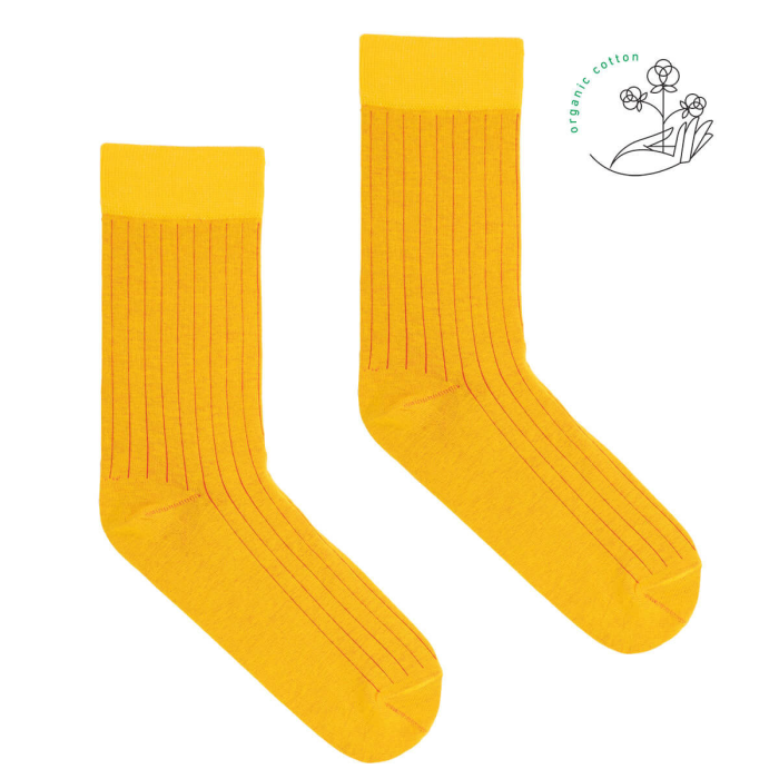 Lemon yellow organic cotton suit socks with red elastane