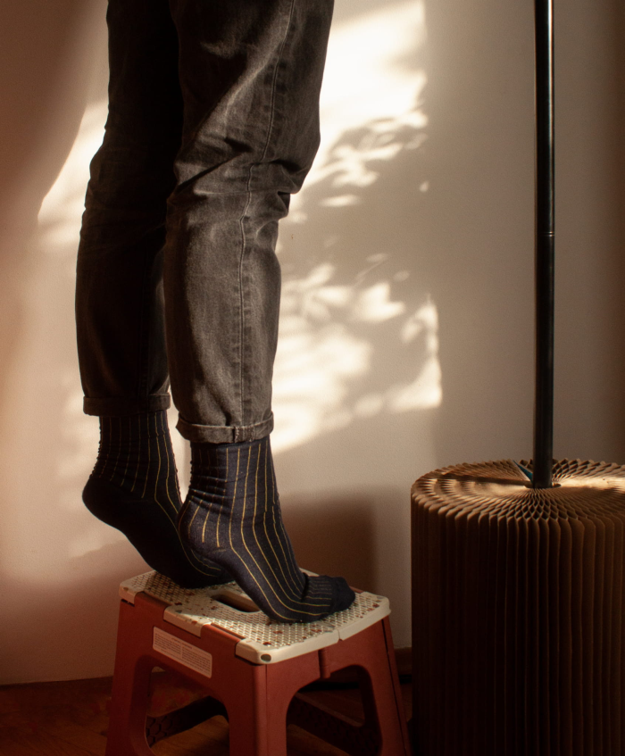 Classic navy blue suit socks with yellow elastane