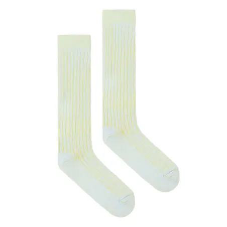 Light blue knee-high organic cotton socks with yellow stripes