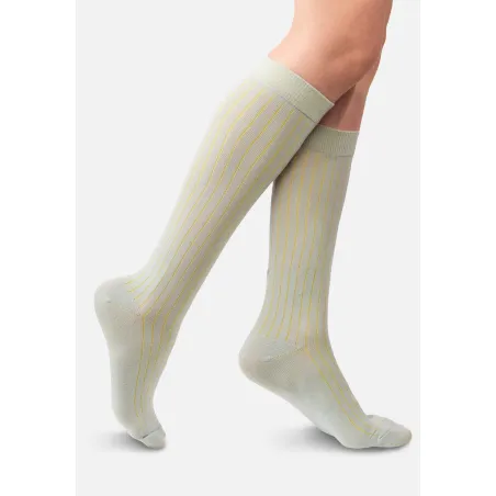 Light blue knee-high organic cotton socks with yellow stripes