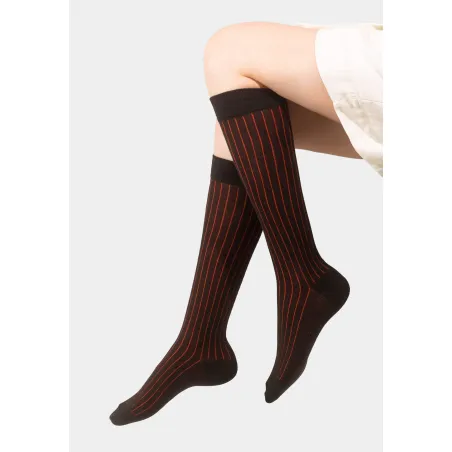Black knee-high organic cotton socks with red stripes