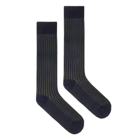 Navy knee-high organic cotton socks with yellow stripes