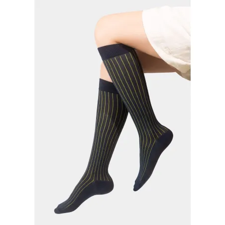 Navy knee-high organic cotton socks with yellow stripes