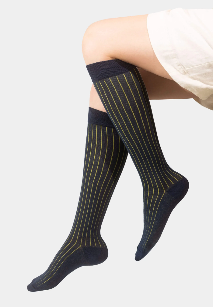 Navy knee-high organic cotton socks with yellow stripes