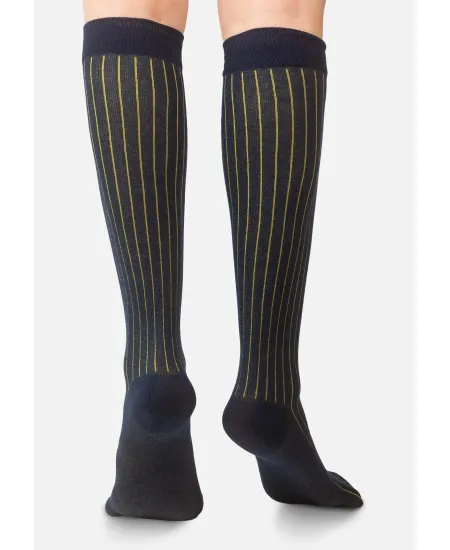 Navy knee-high organic cotton socks with yellow stripes