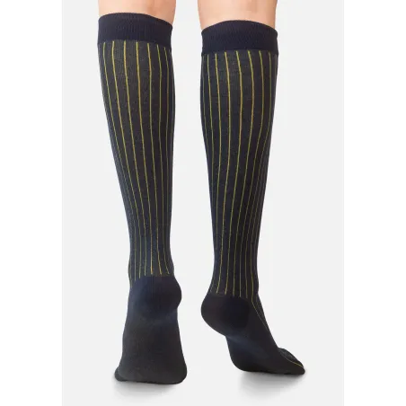Navy knee-high organic cotton socks with yellow stripes