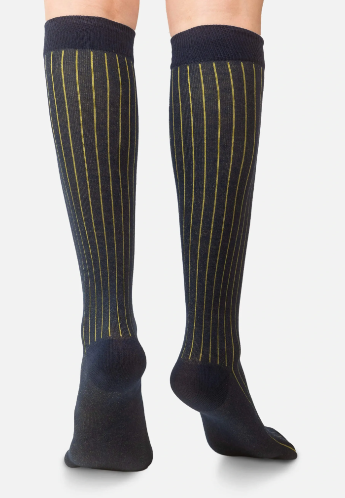 Navy knee-high organic cotton socks with yellow stripes