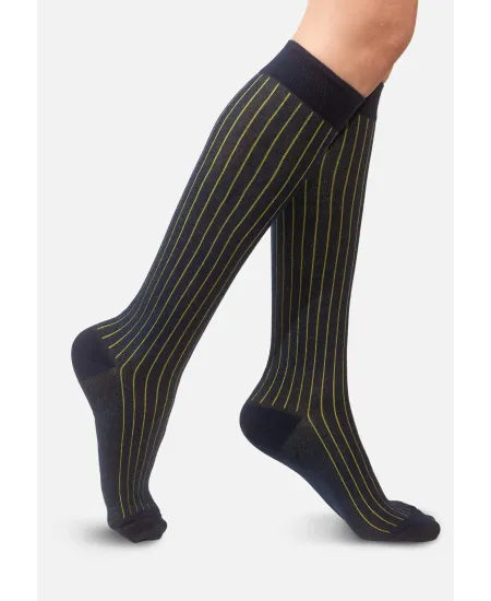 Navy knee-high organic cotton socks with yellow stripes