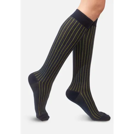 Navy knee-high organic cotton socks with yellow stripes