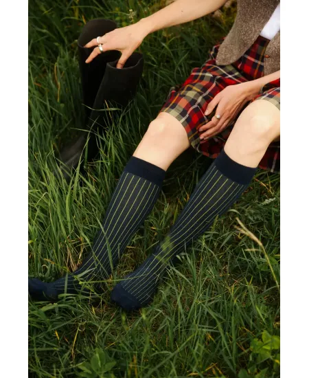 Navy knee-high organic cotton socks with yellow stripes