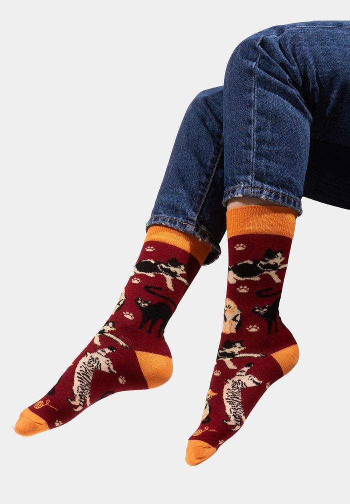 Socks organic cotton burgundy Cats