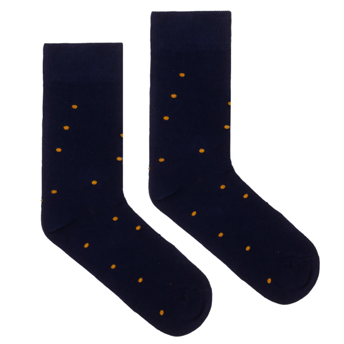 Navy blue socks with mustard dots