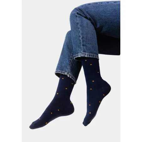 Navy blue socks with mustard dots