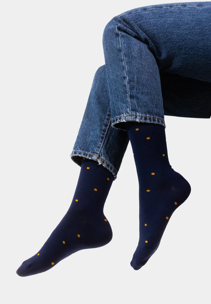 Navy blue socks with mustard dots