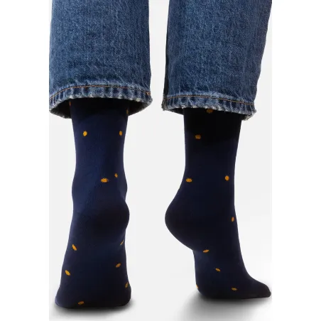 Navy blue socks with mustard dots