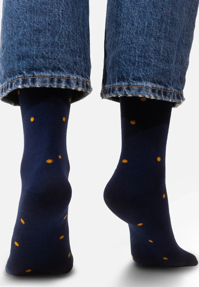 Navy blue socks with mustard dots