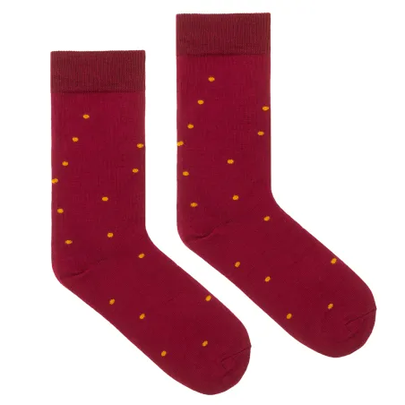 Burgundy socks with mustard dots