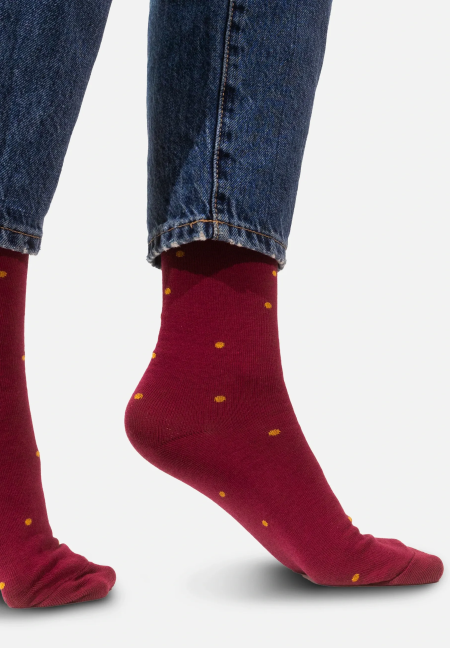 Burgundy socks with mustard dots