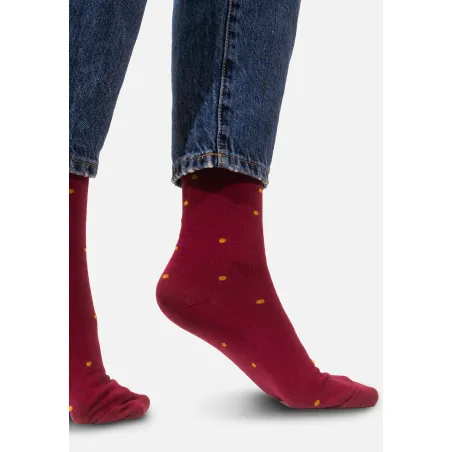 Burgundy socks with mustard dots