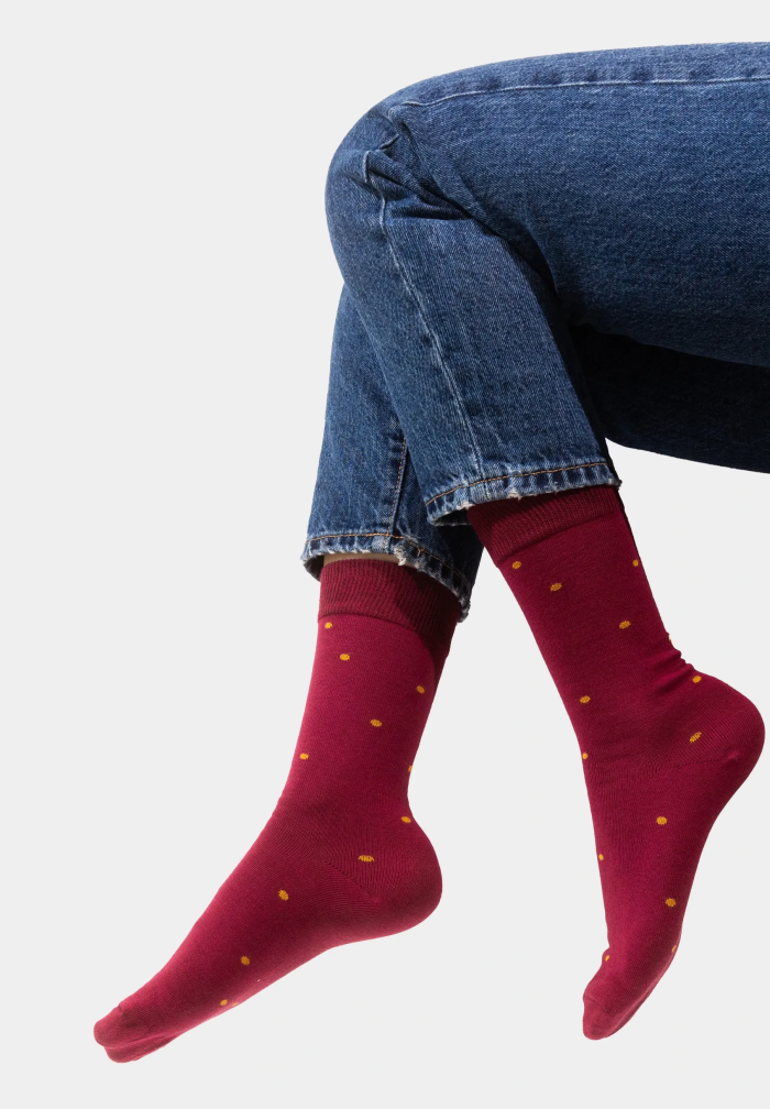 Burgundy socks with mustard dots