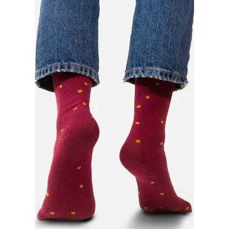Burgundy socks with mustard dots