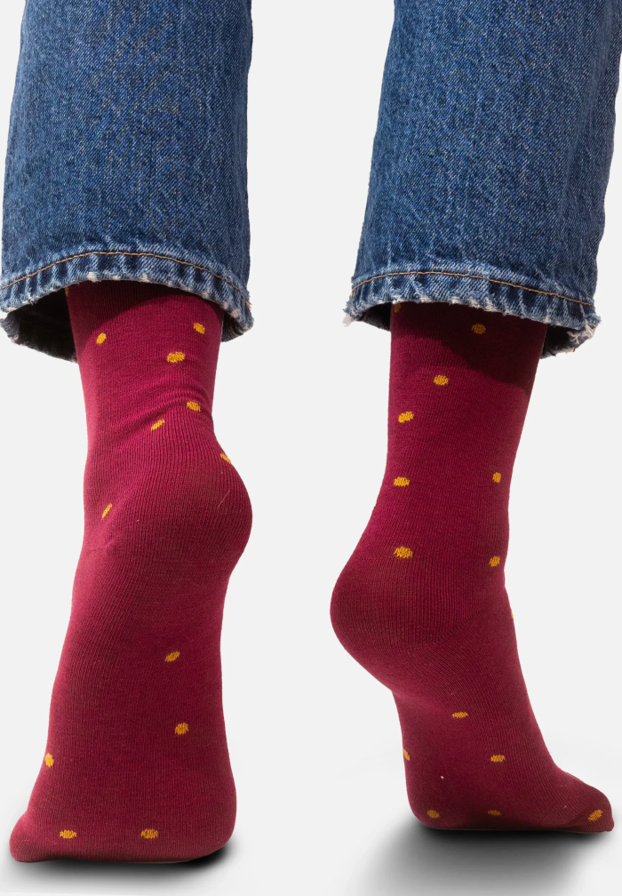 Burgundy socks with mustard dots