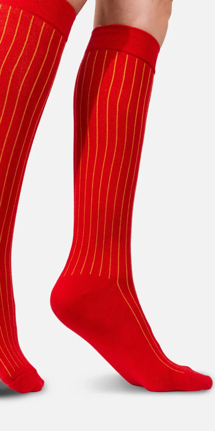 Red  knee-high organic cotton socks with yellow stripes