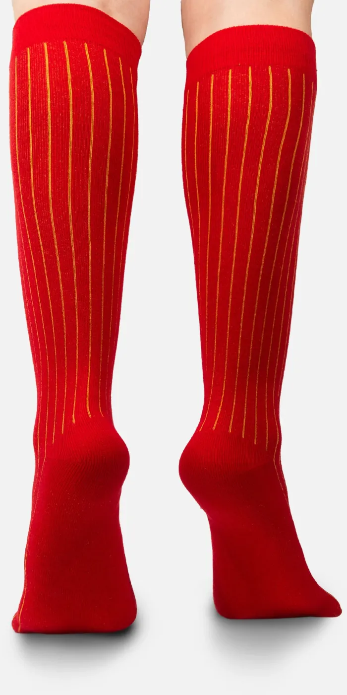 Red  knee-high organic cotton socks with yellow stripes