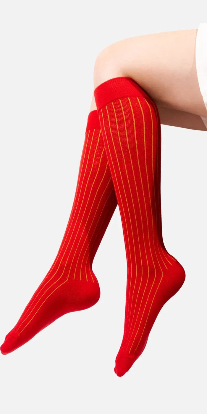 Red  knee-high organic cotton socks with yellow stripes