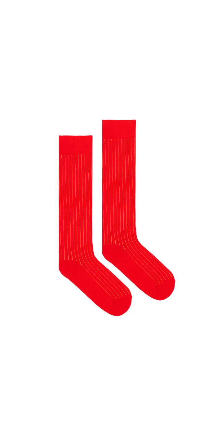 Red  knee-high organic cotton socks with yellow stripes