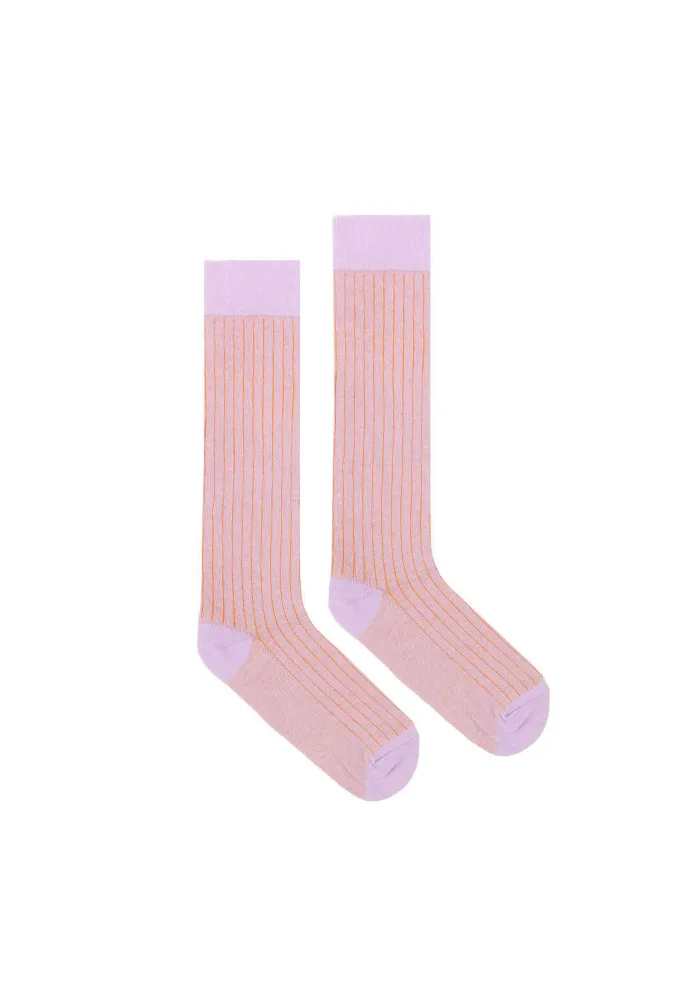 Lilac knee-high organic cotton socks with red stripes