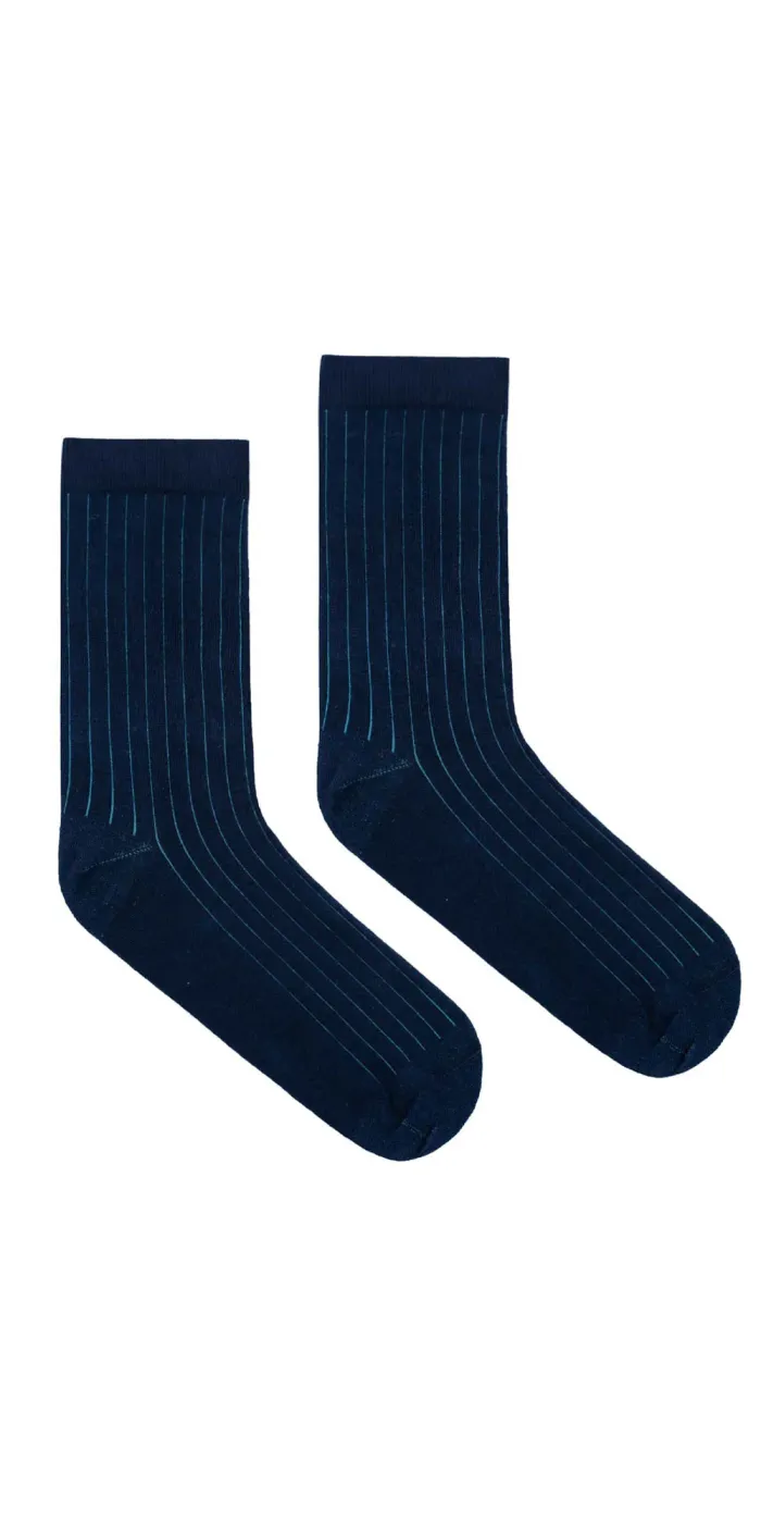 Navy blue organic cotton suit socks with light blue elastane