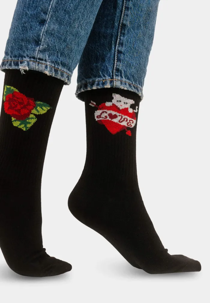Sport organic black cotton socks with Valentine Cats