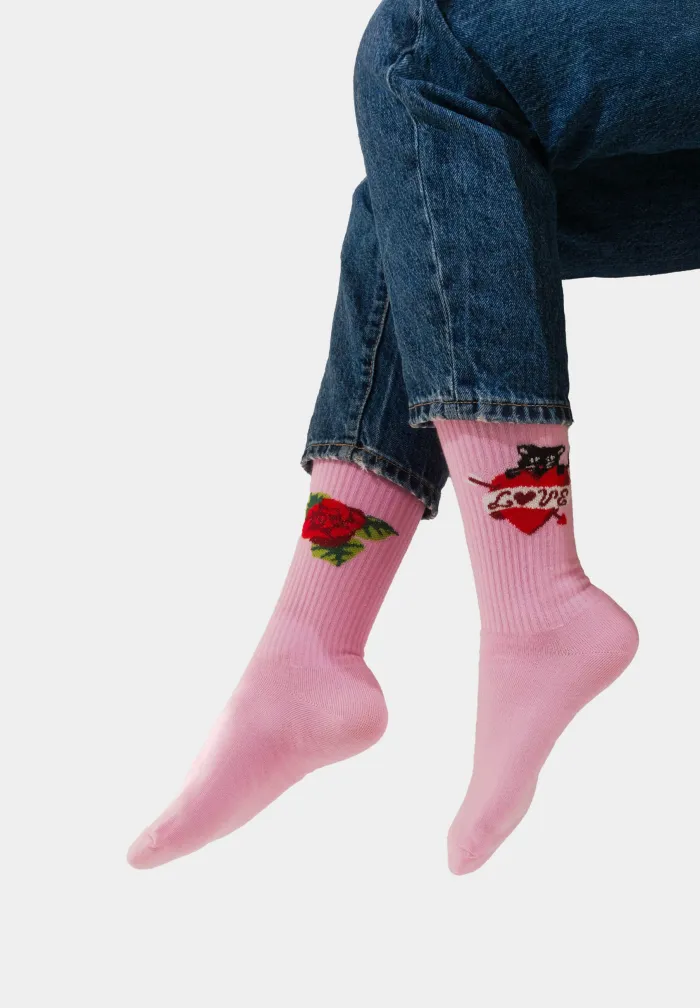 Sport organic pink cotton socks with Valentine Cats 36-41