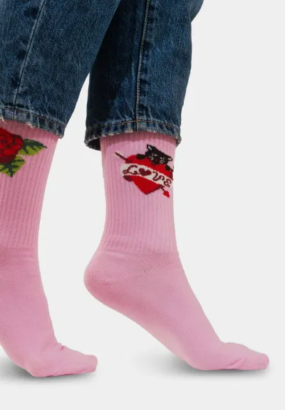 Sport organic pink cotton socks with Valentine Cats 36-41