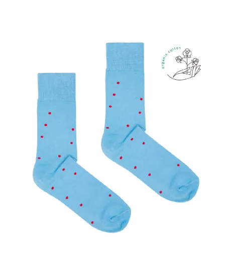 Sky blue socks with red dots