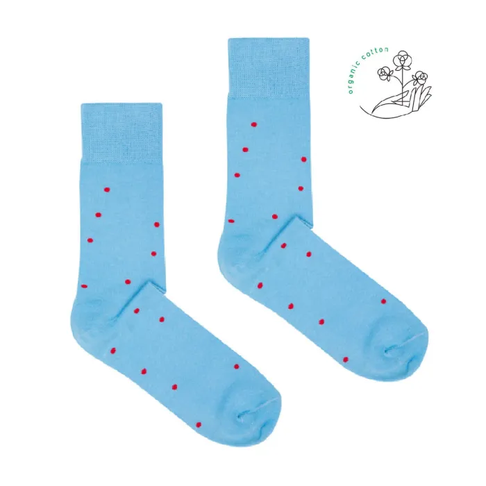 Sky blue socks with red dots