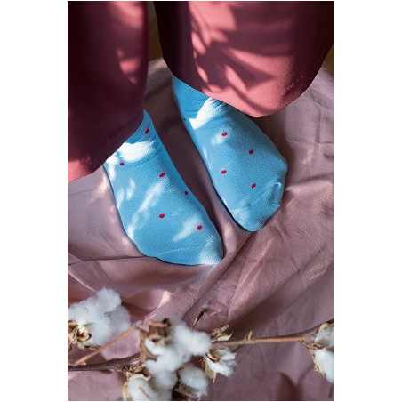 Sky blue socks with red dots